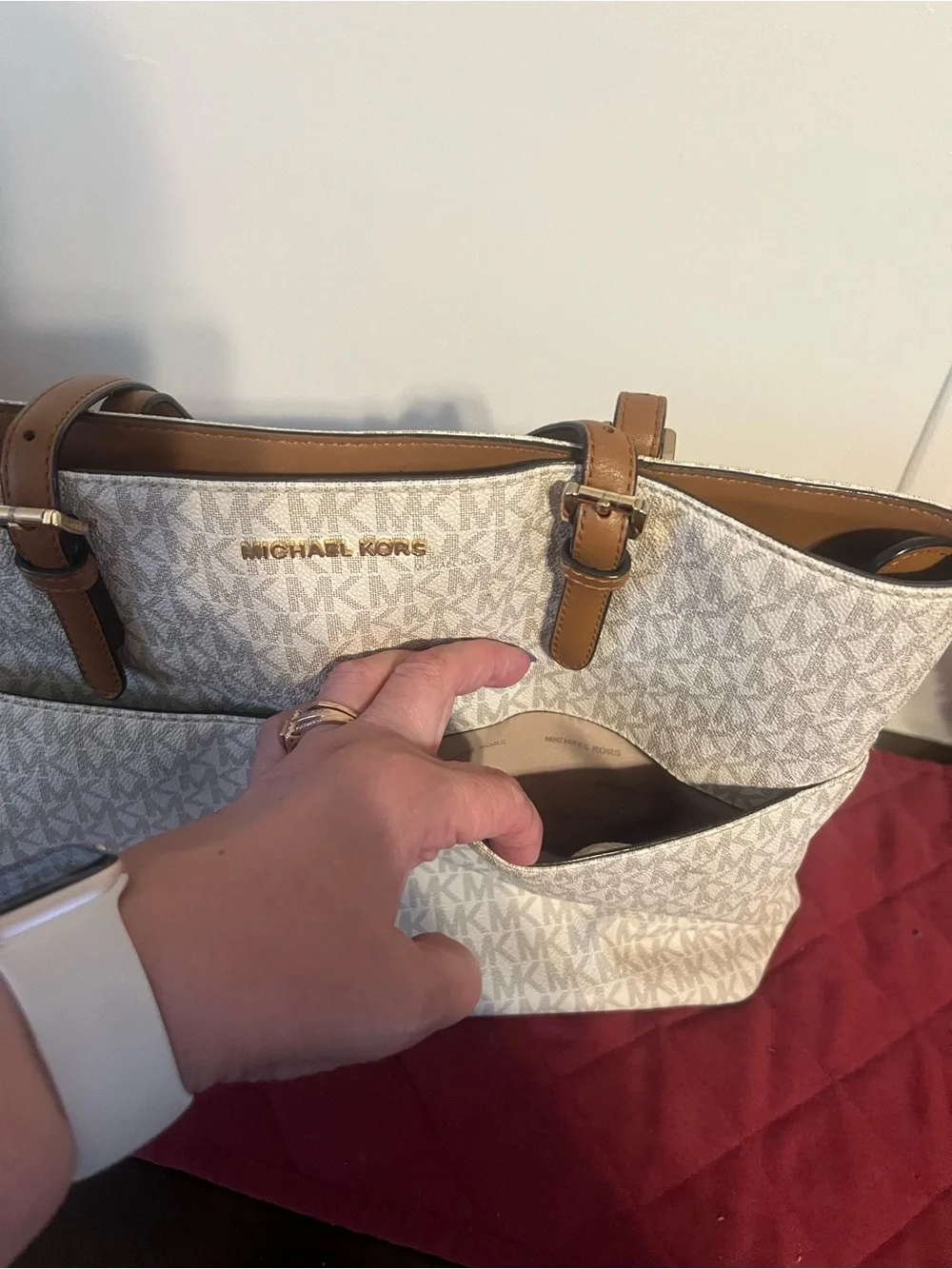 Michael Kors Cream Signature Tote with Tan Leather Trim